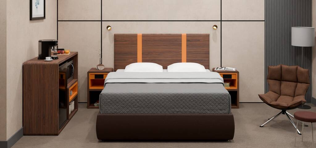 Duotone Laminates Hotel Bed Headboard with Nigth stand and microwave fridge cabinet